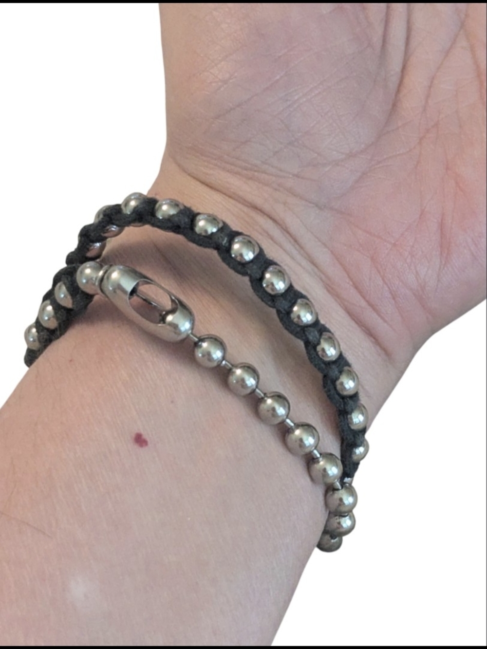 90s Grunge Panama Jack Sliver Beaded Black Leather Choker Necklace Bracelet - Picture 7 of 8